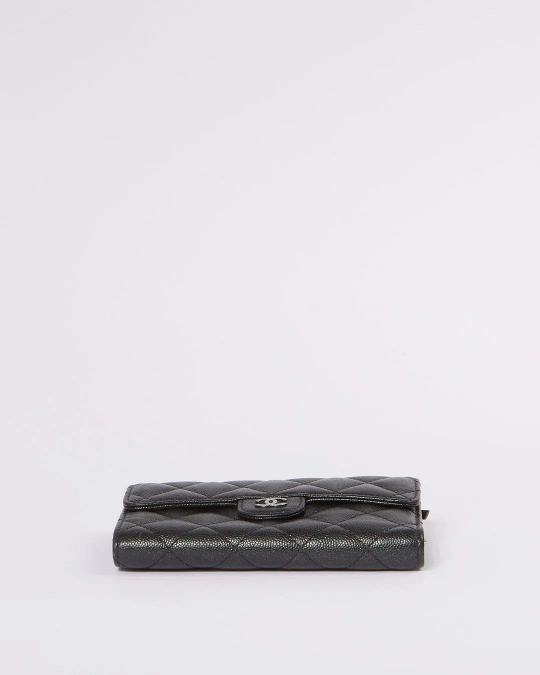 Chanel Black Caviar Leather Interlocking CC Logo Compact Wallet