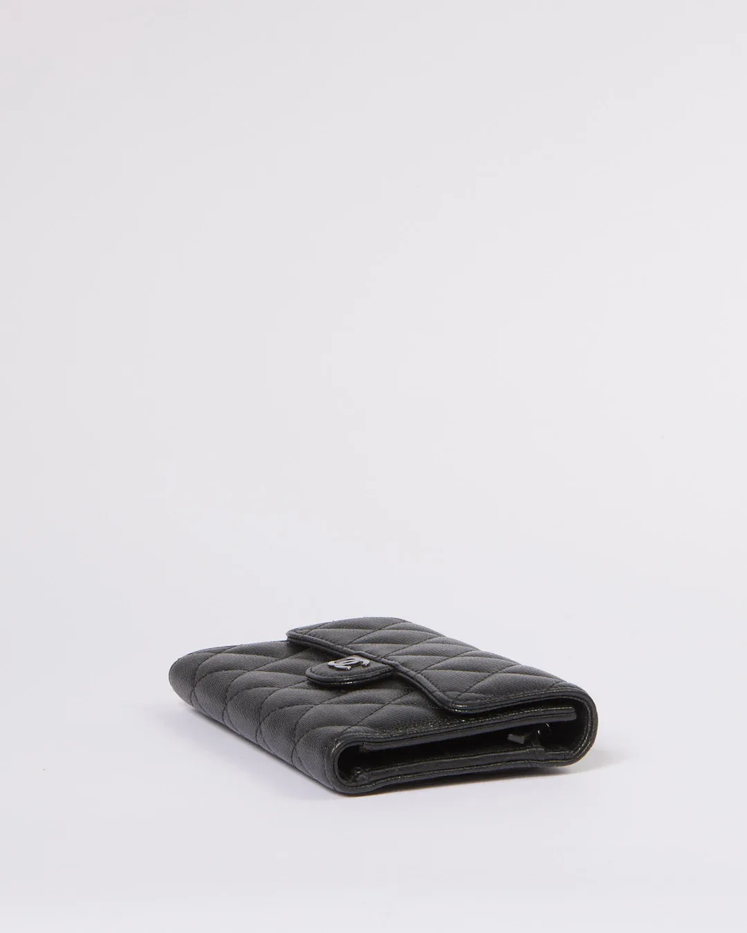 Chanel Black Caviar Leather Interlocking CC Logo Compact Wallet