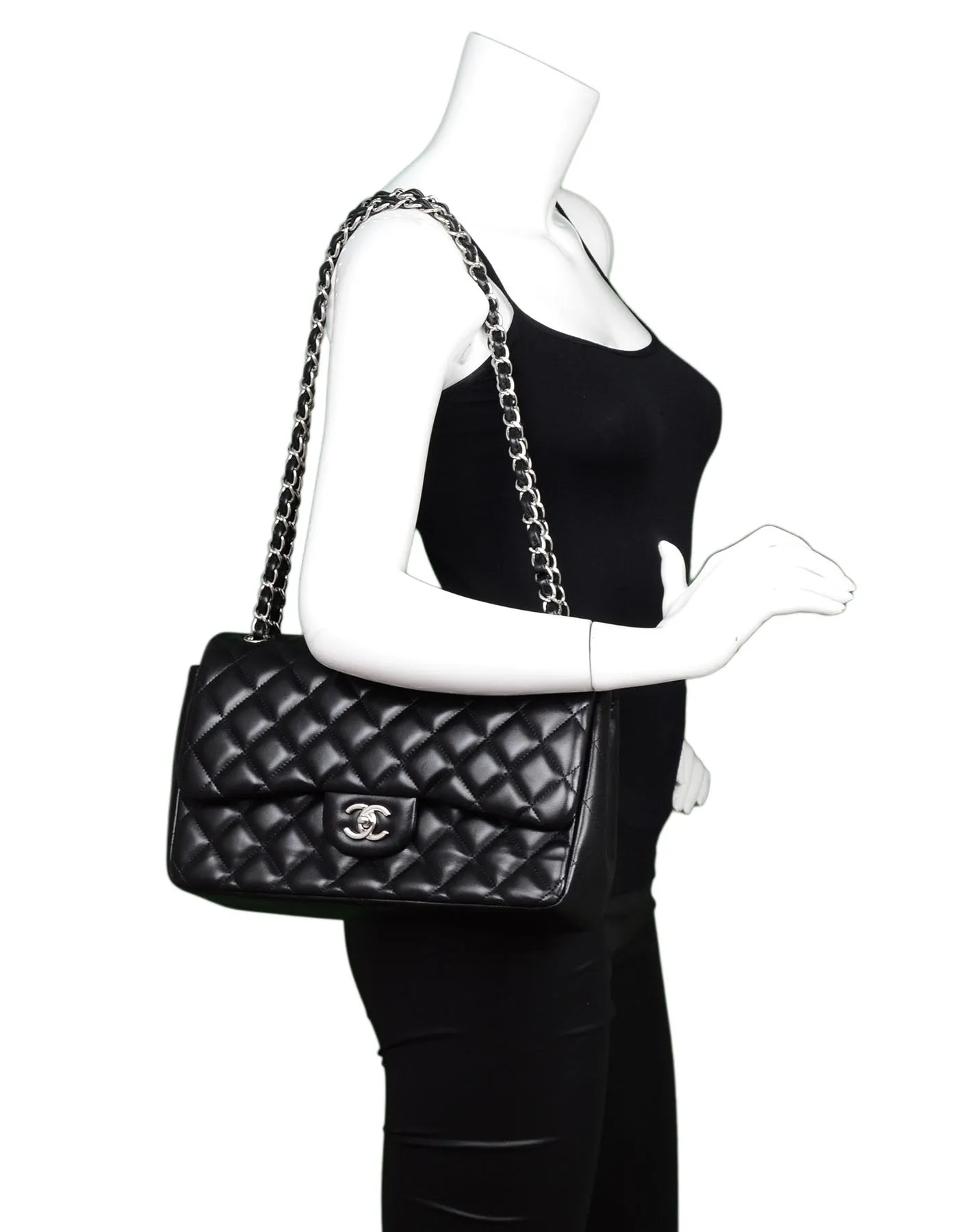 Chanel Black Lambskin Quilted Double Flap Jumbo Bag SHW