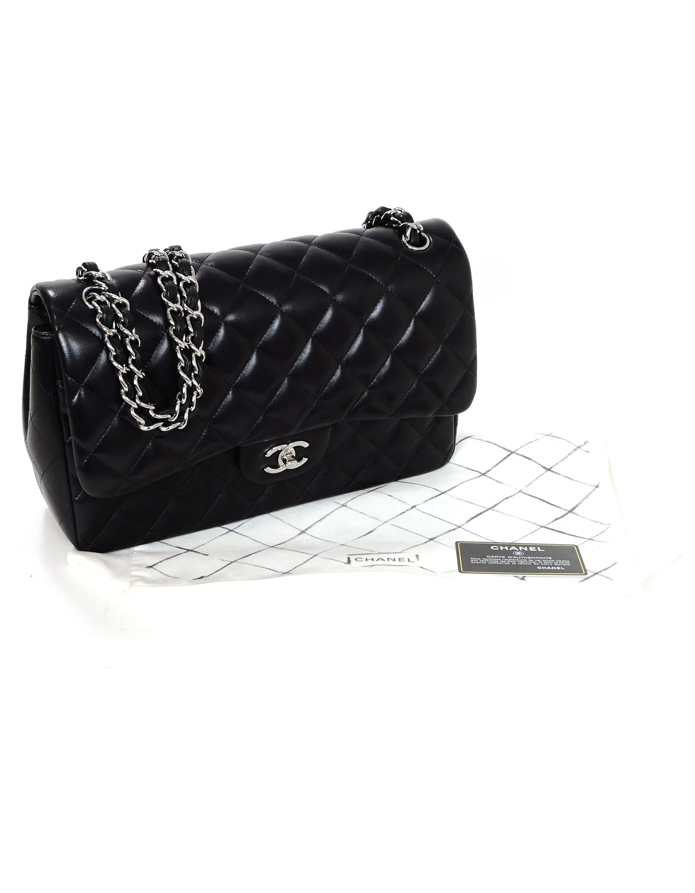 Chanel Black Lambskin Quilted Double Flap Jumbo Bag SHW