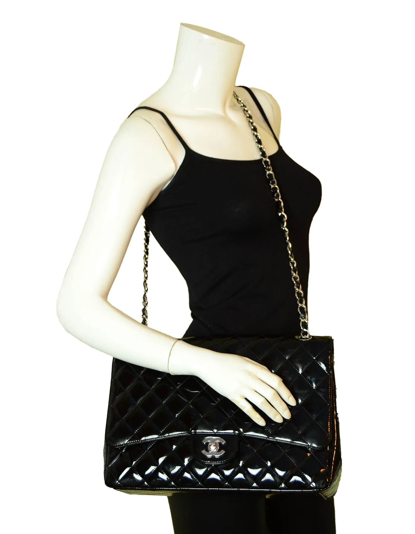 Chanel Black Patent Leather Quilted Single Flap Maxi Classic Bag