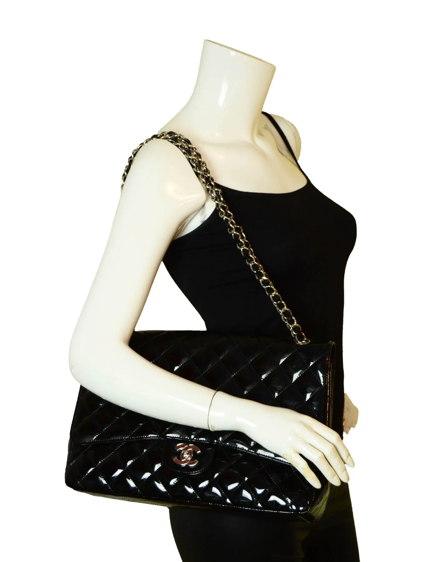 Chanel Black Patent Leather Quilted Single Flap Maxi Classic Bag