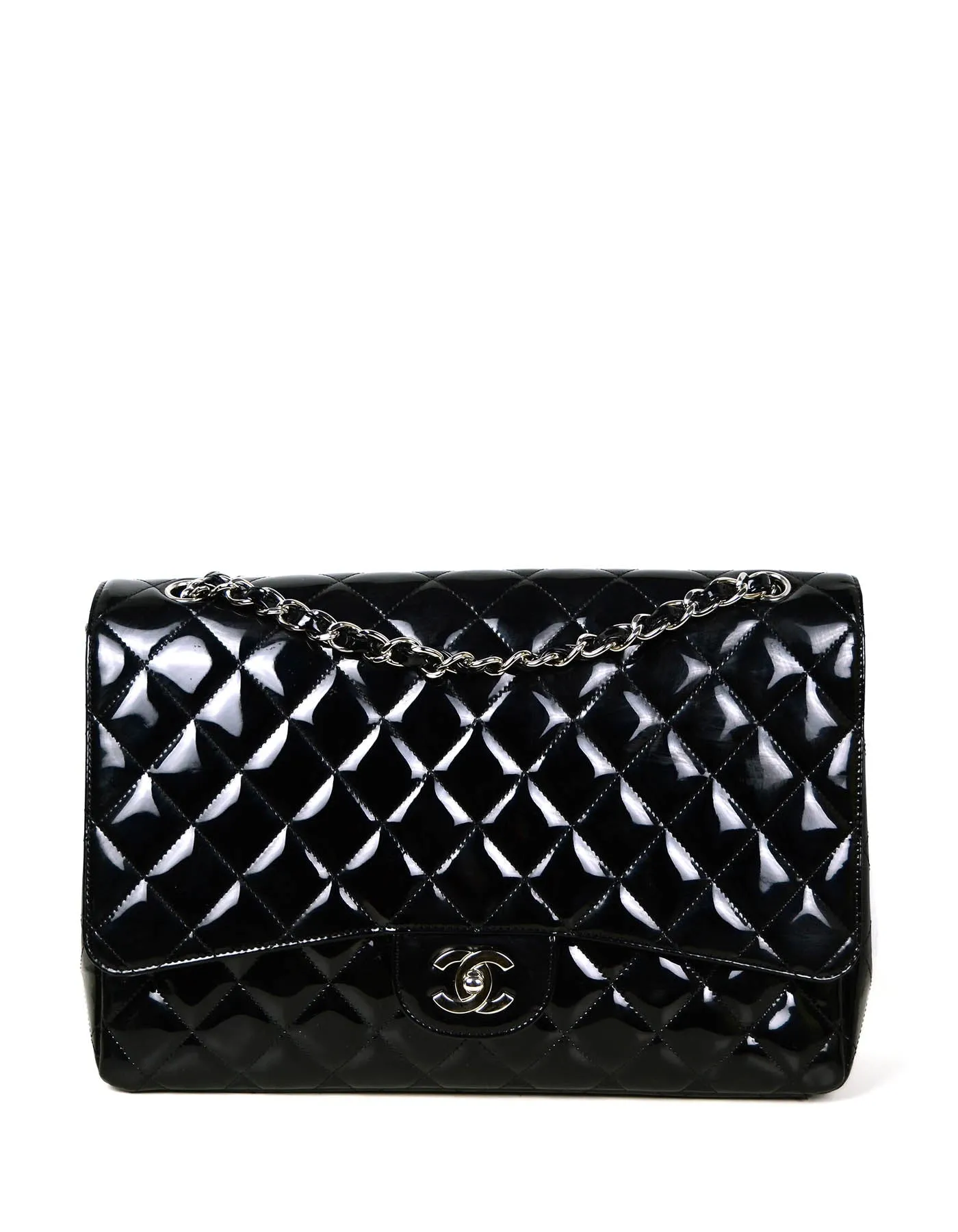 Chanel Black Patent Leather Quilted Single Flap Maxi Classic Bag