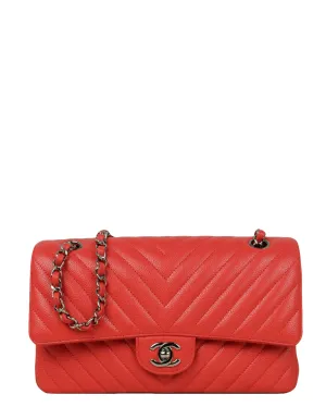 Chanel Coral Caviar Leather Chevron 10" Medium Double Flap Classic Bag