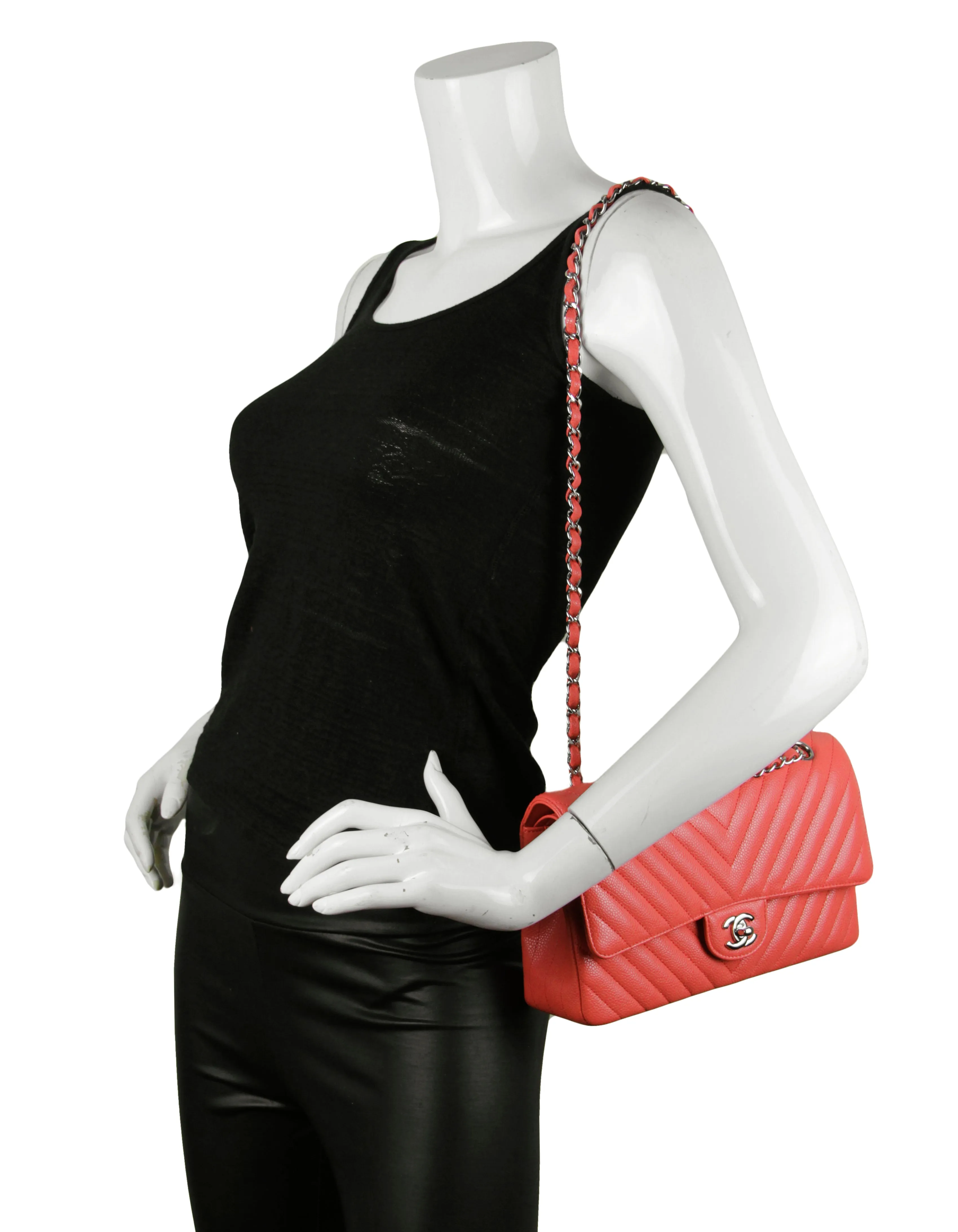 Chanel Coral Caviar Leather Chevron 10" Medium Double Flap Classic Bag