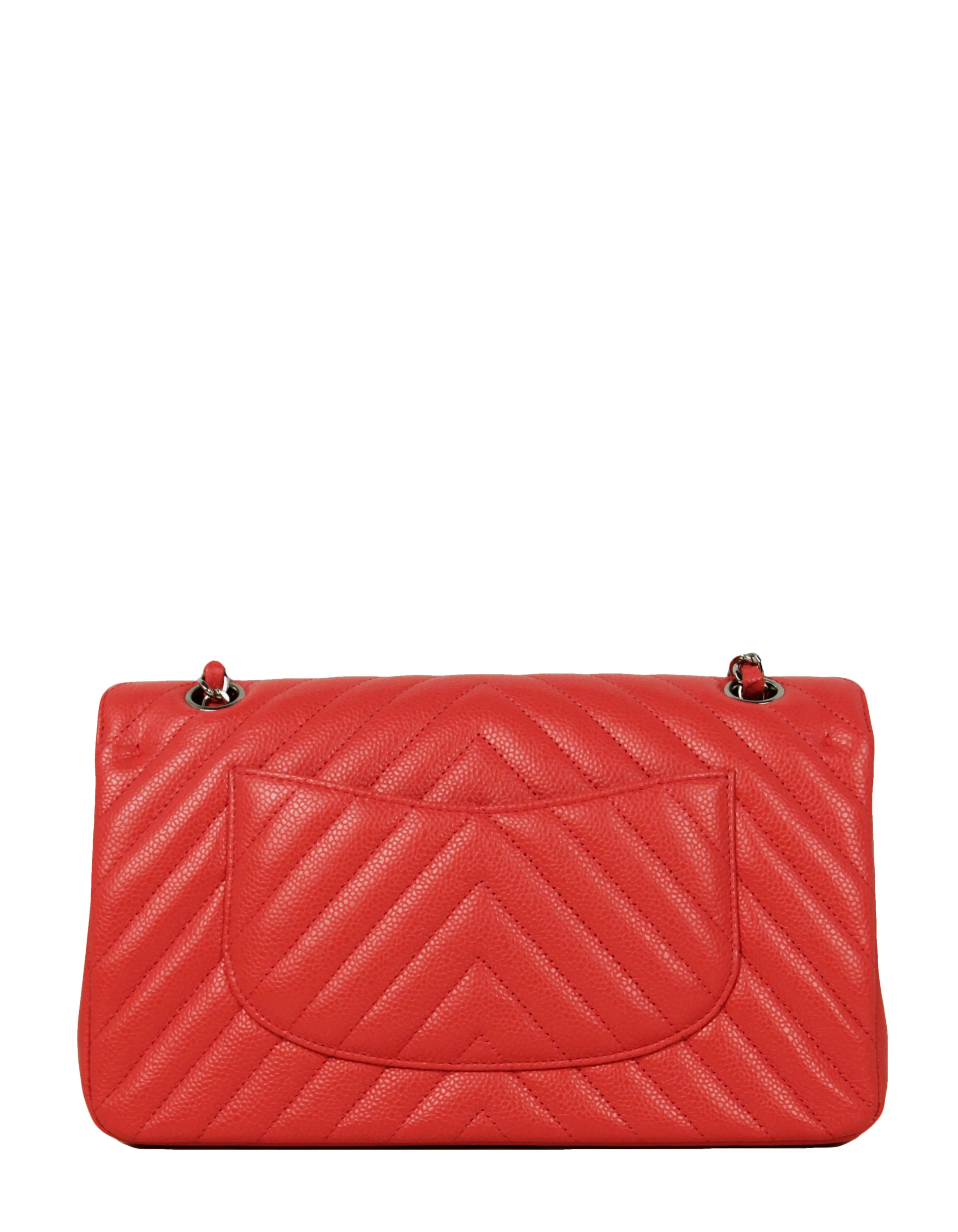 Chanel Coral Caviar Leather Chevron 10" Medium Double Flap Classic Bag