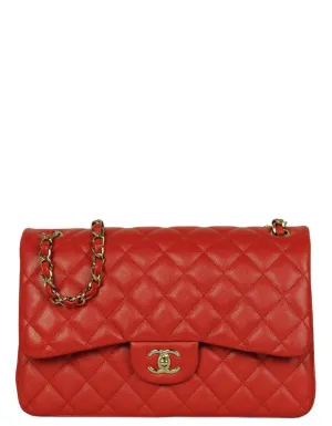 Chanel Red Caviar Leather Double Flap Classic Jumbo Bag