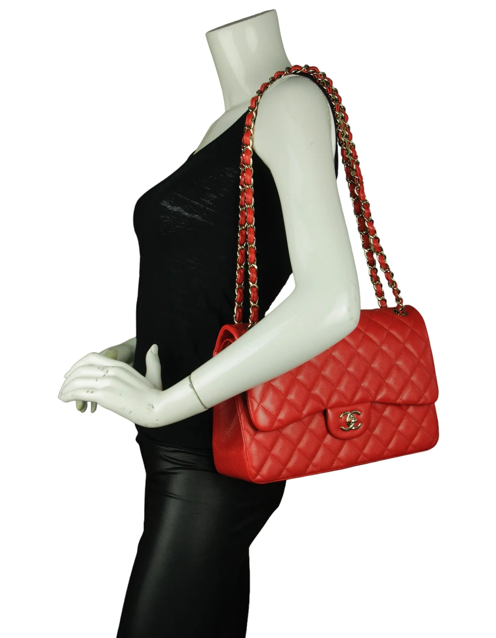 Chanel Red Caviar Leather Double Flap Classic Jumbo Bag