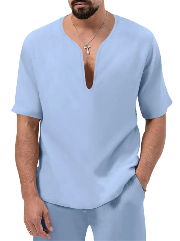 Chic V-neck Short-sleeved T-shirt   Pants Men's Casual Set