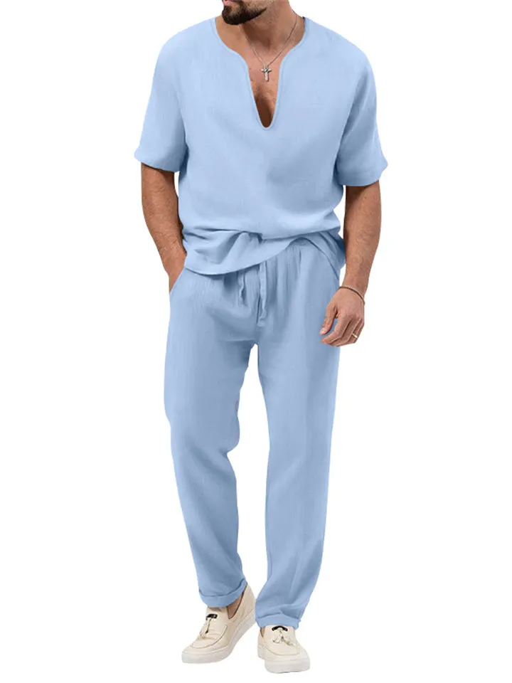 Chic V-neck Short-sleeved T-shirt   Pants Men's Casual Set