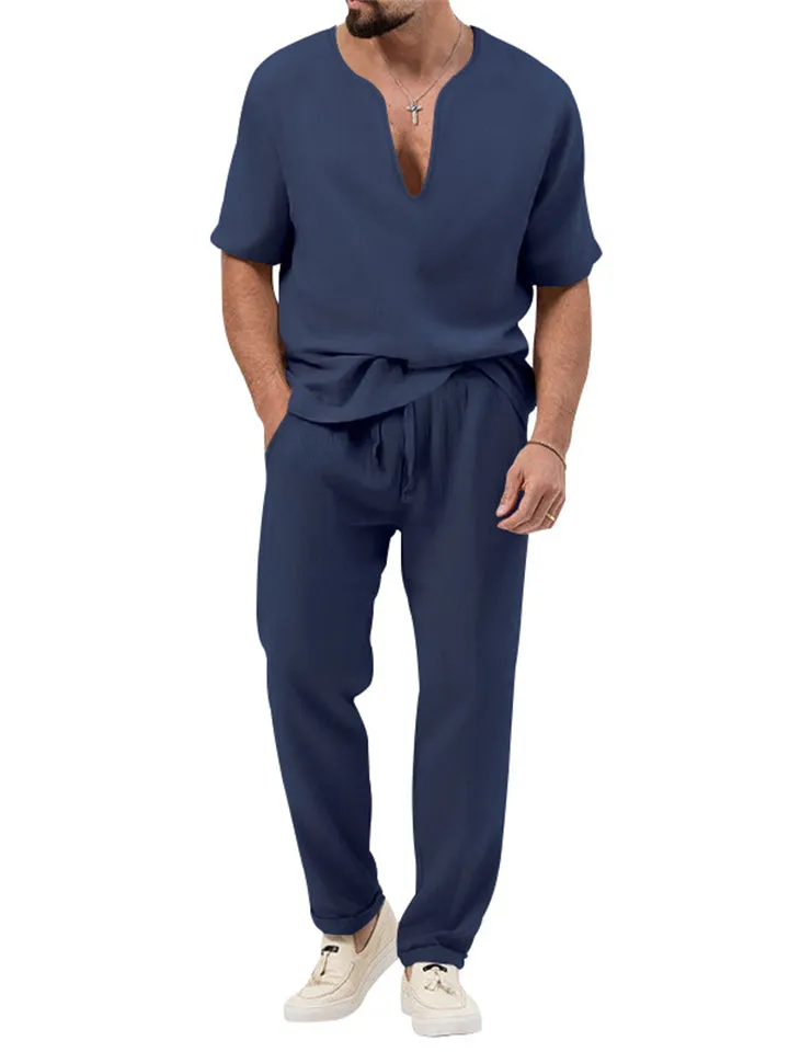 Chic V-neck Short-sleeved T-shirt   Pants Men's Casual Set