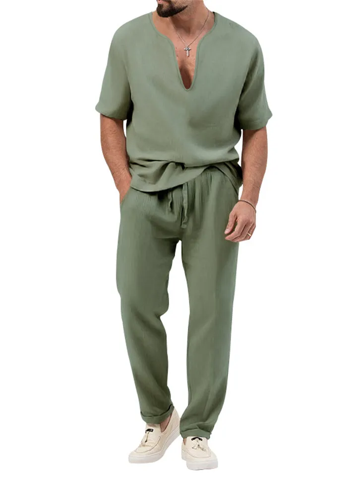 Chic V-neck Short-sleeved T-shirt   Pants Men's Casual Set