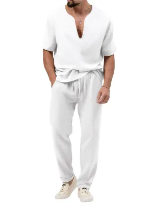 Chic V-neck Short-sleeved T-shirt   Pants Men's Casual Set