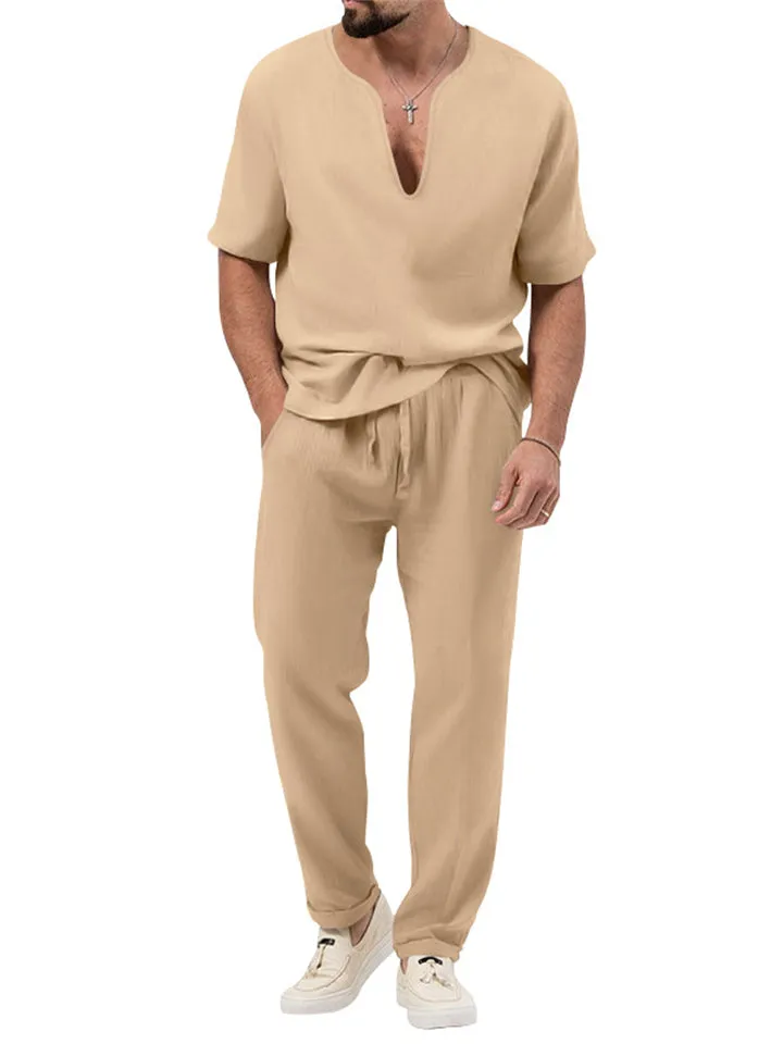 Chic V-neck Short-sleeved T-shirt   Pants Men's Casual Set