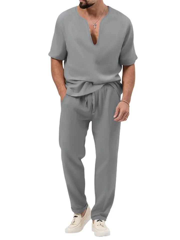 Chic V-neck Short-sleeved T-shirt   Pants Men's Casual Set