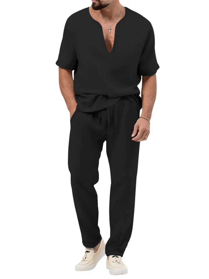 Chic V-neck Short-sleeved T-shirt   Pants Men's Casual Set