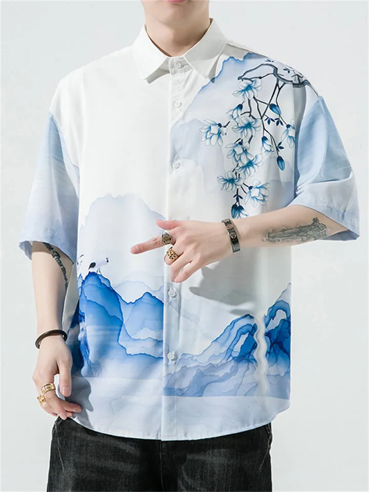 Chinese Landscape Ink Painting Vintage Shirt for Men