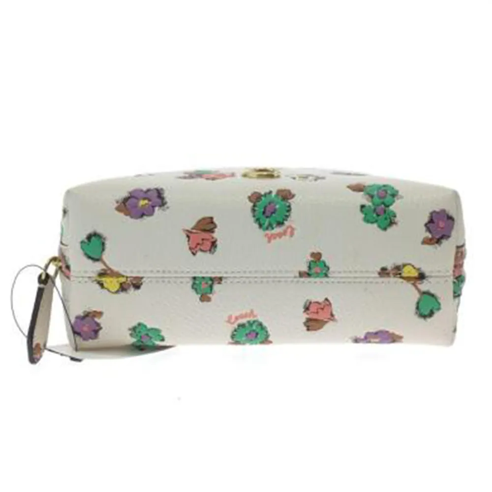 COACH Julienne Cosmetic Case 17 Floral Print Chalk Brass Leather Handbag Bag NEW