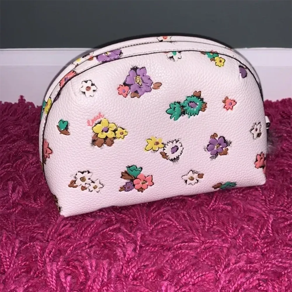 COACH Julienne Cosmetic Case 17 Floral Print Chalk Brass Leather Handbag Bag NEW