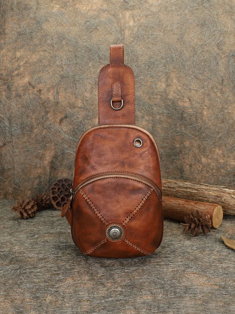 Cool Mens Womens Cap Brown Sling Bag Vintage Leather Chest Bag Crossbody Pack for Men