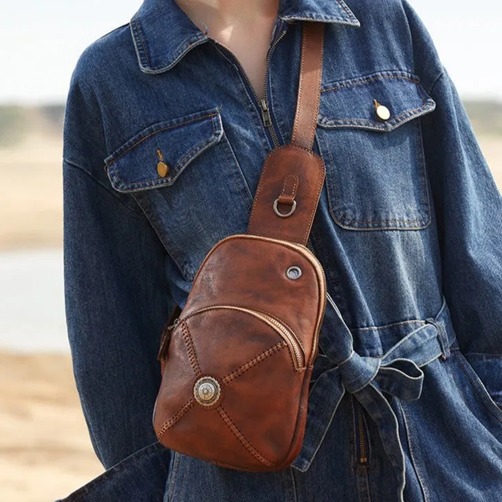 Cool Mens Womens Cap Brown Sling Bag Vintage Leather Chest Bag Crossbody Pack for Men