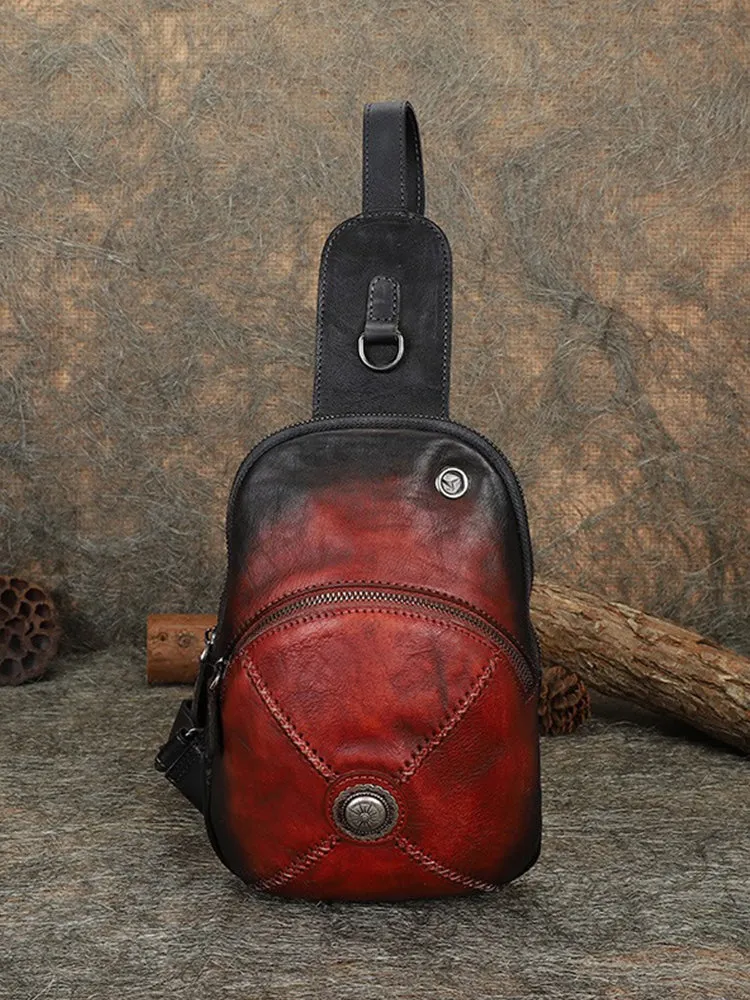 Cool Mens Womens Cap Brown Sling Bag Vintage Leather Chest Bag Crossbody Pack for Men