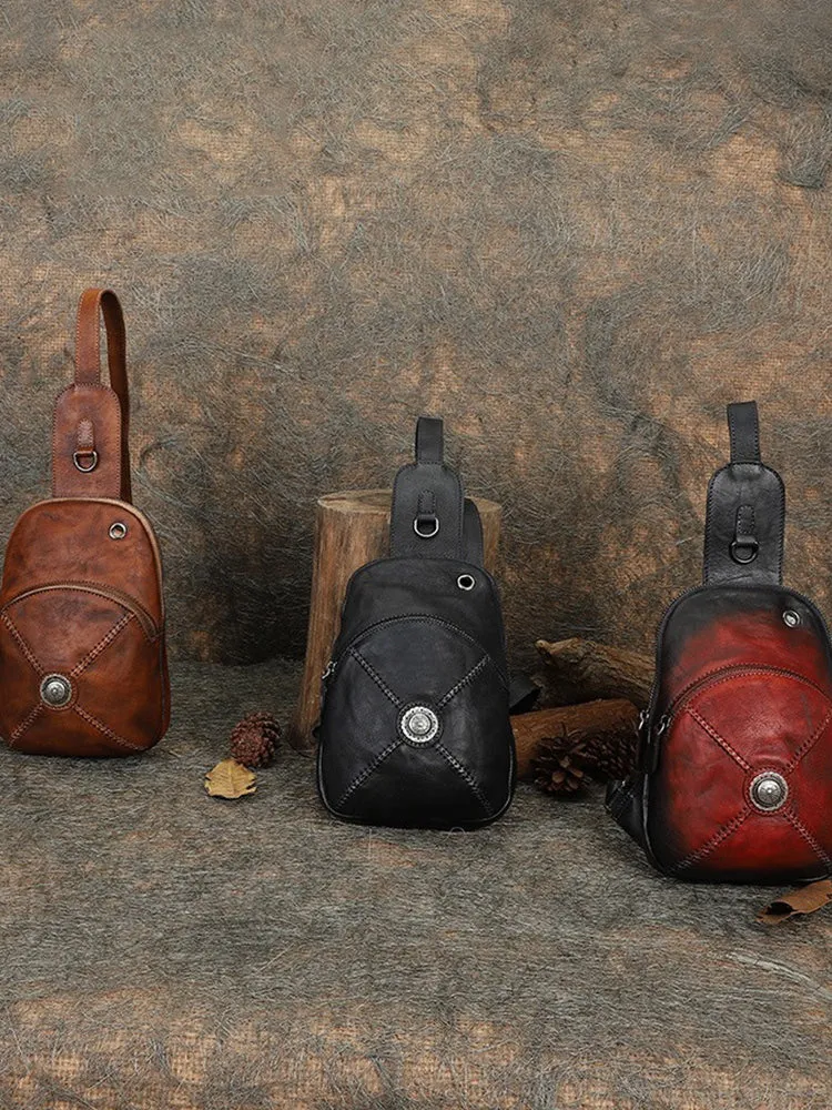 Cool Mens Womens Cap Brown Sling Bag Vintage Leather Chest Bag Crossbody Pack for Men