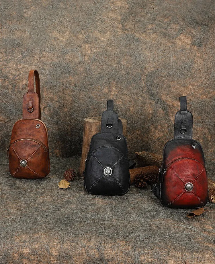 Cool Mens Womens Cap Brown Sling Bag Vintage Leather Chest Bag Crossbody Pack for Men