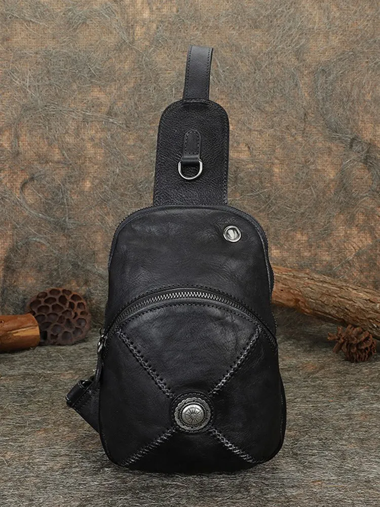 Cool Mens Womens Cap Brown Sling Bag Vintage Leather Chest Bag Crossbody Pack for Men