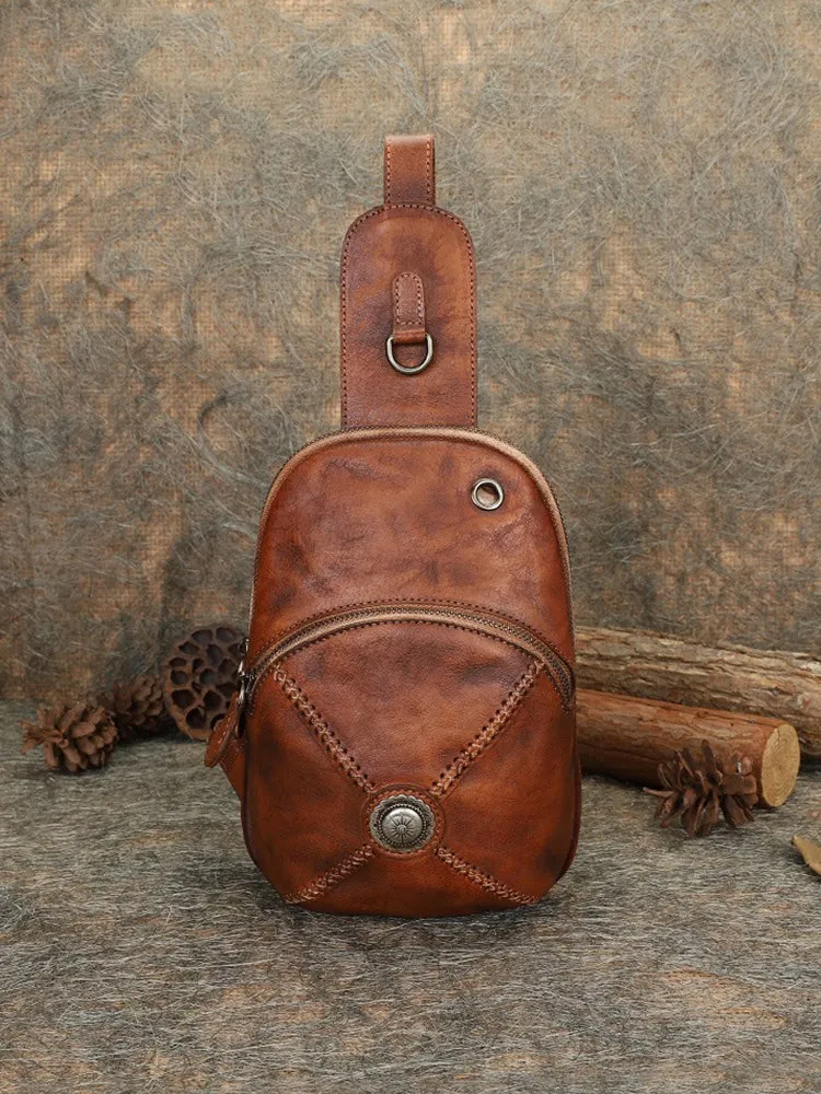 Cool Mens Womens Cap Brown Sling Bag Vintage Leather Chest Bag Crossbody Pack for Men