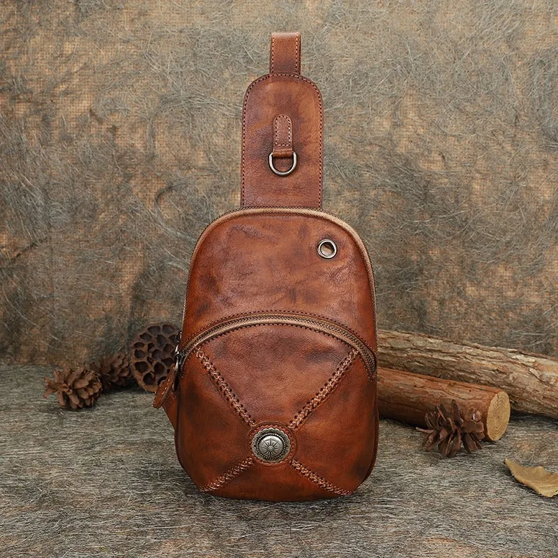 Cool Mens Womens Cap Brown Sling Bag Vintage Leather Chest Bag Crossbody Pack for Men