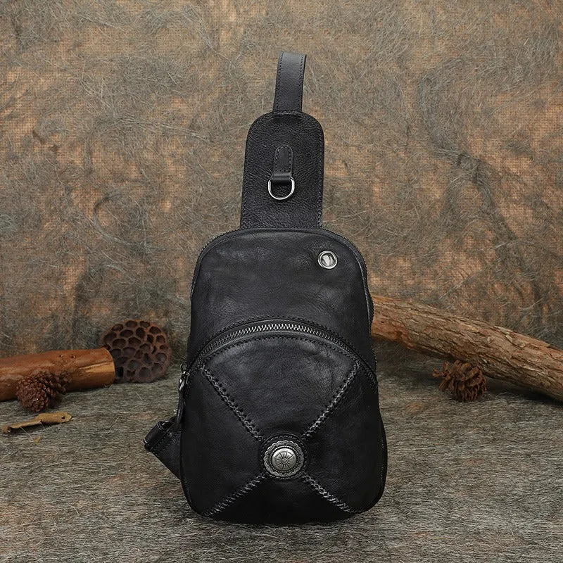 Cool Mens Womens Cap Brown Sling Bag Vintage Leather Chest Bag Crossbody Pack for Men