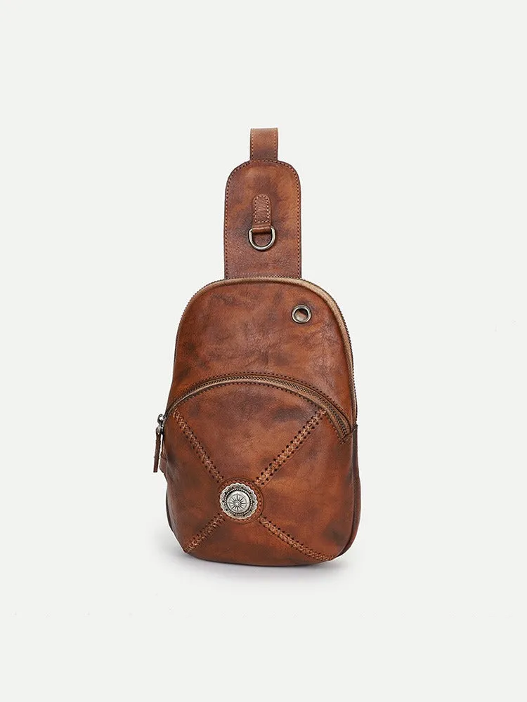 Cool Mens Womens Cap Brown Sling Bag Vintage Leather Chest Bag Crossbody Pack for Men