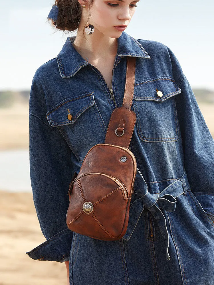 Cool Mens Womens Cap Brown Sling Bag Vintage Leather Chest Bag Crossbody Pack for Men