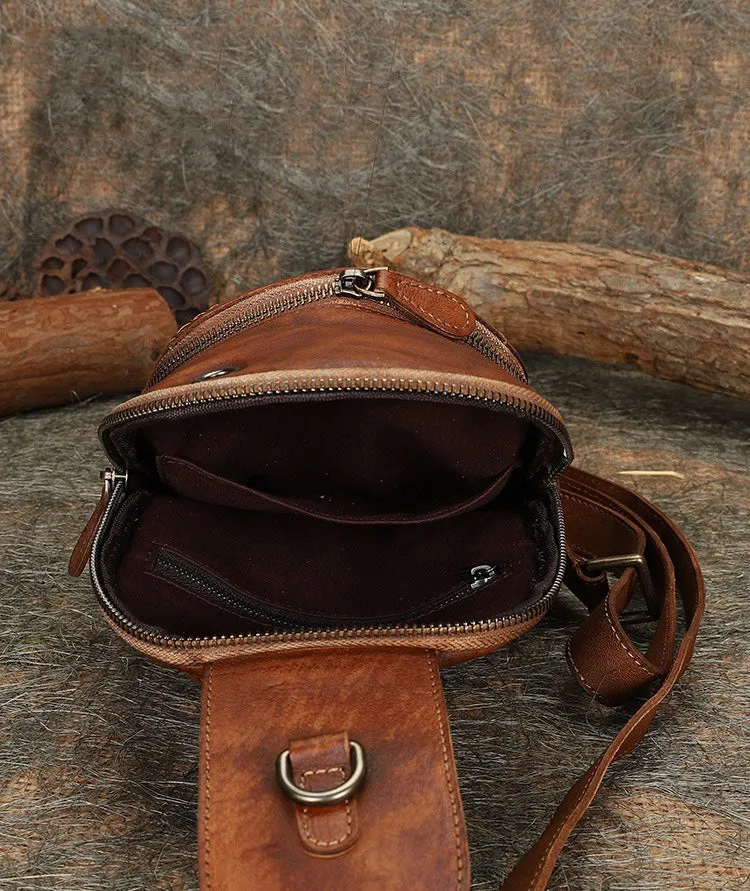 Cool Mens Womens Cap Brown Sling Bag Vintage Leather Chest Bag Crossbody Pack for Men