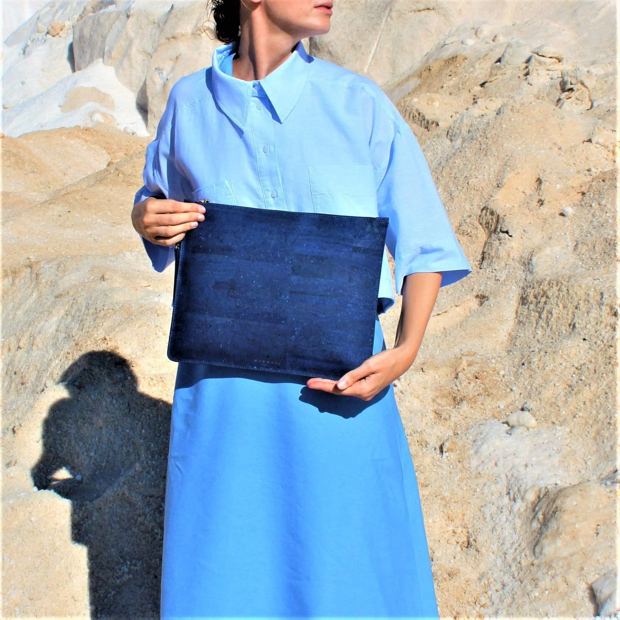 Delta Handcrafted Cork Vegan Large Clutch Pouch | Navy