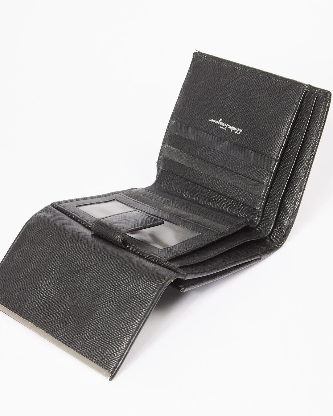 Ferragamo Black Leather Gancini Compact Wallet