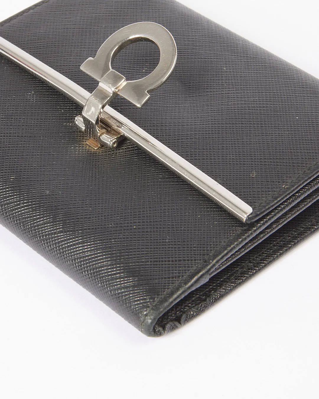 Ferragamo Black Leather Gancini Compact Wallet