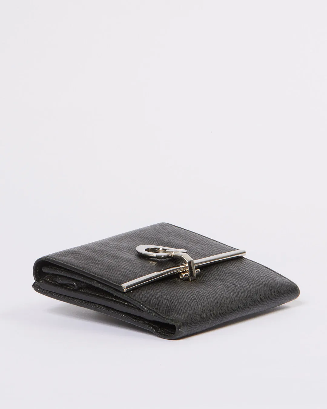 Ferragamo Black Leather Gancini Compact Wallet