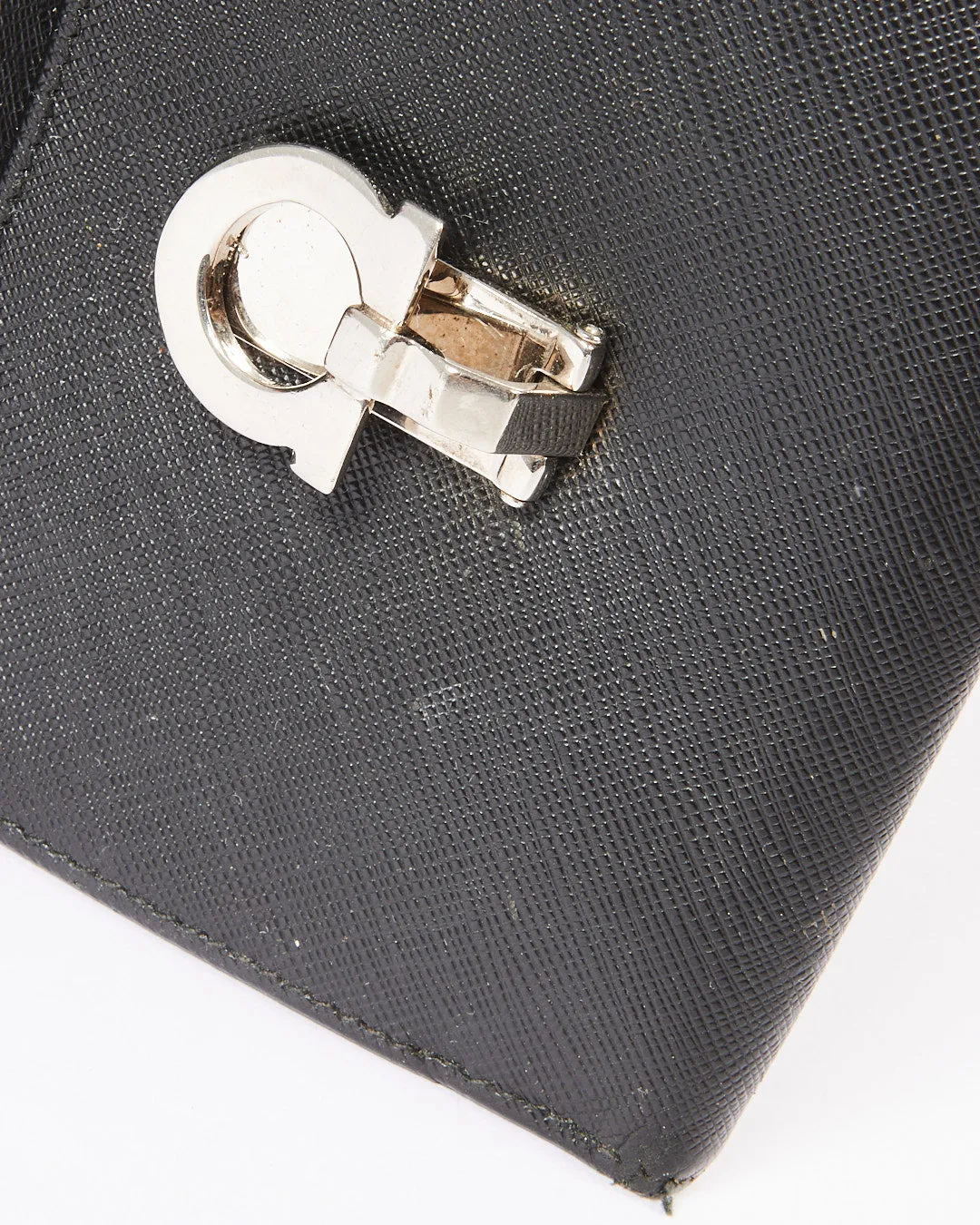 Ferragamo Black Leather Gancini Compact Wallet