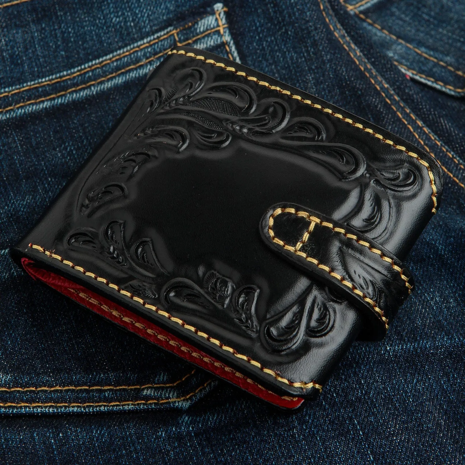 Genuine Floral Carved Leather Indian Biker Wallet