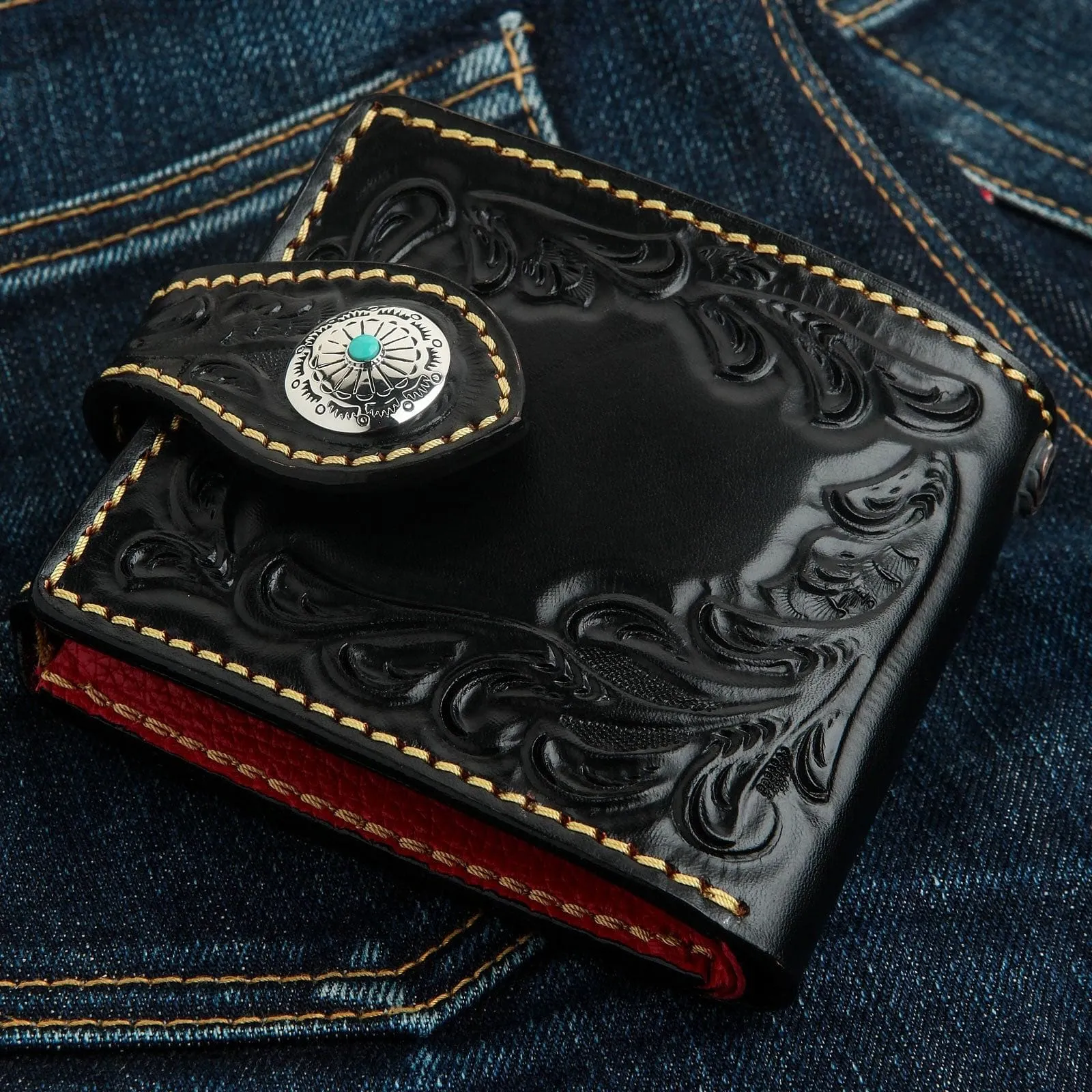 Genuine Floral Carved Leather Indian Biker Wallet