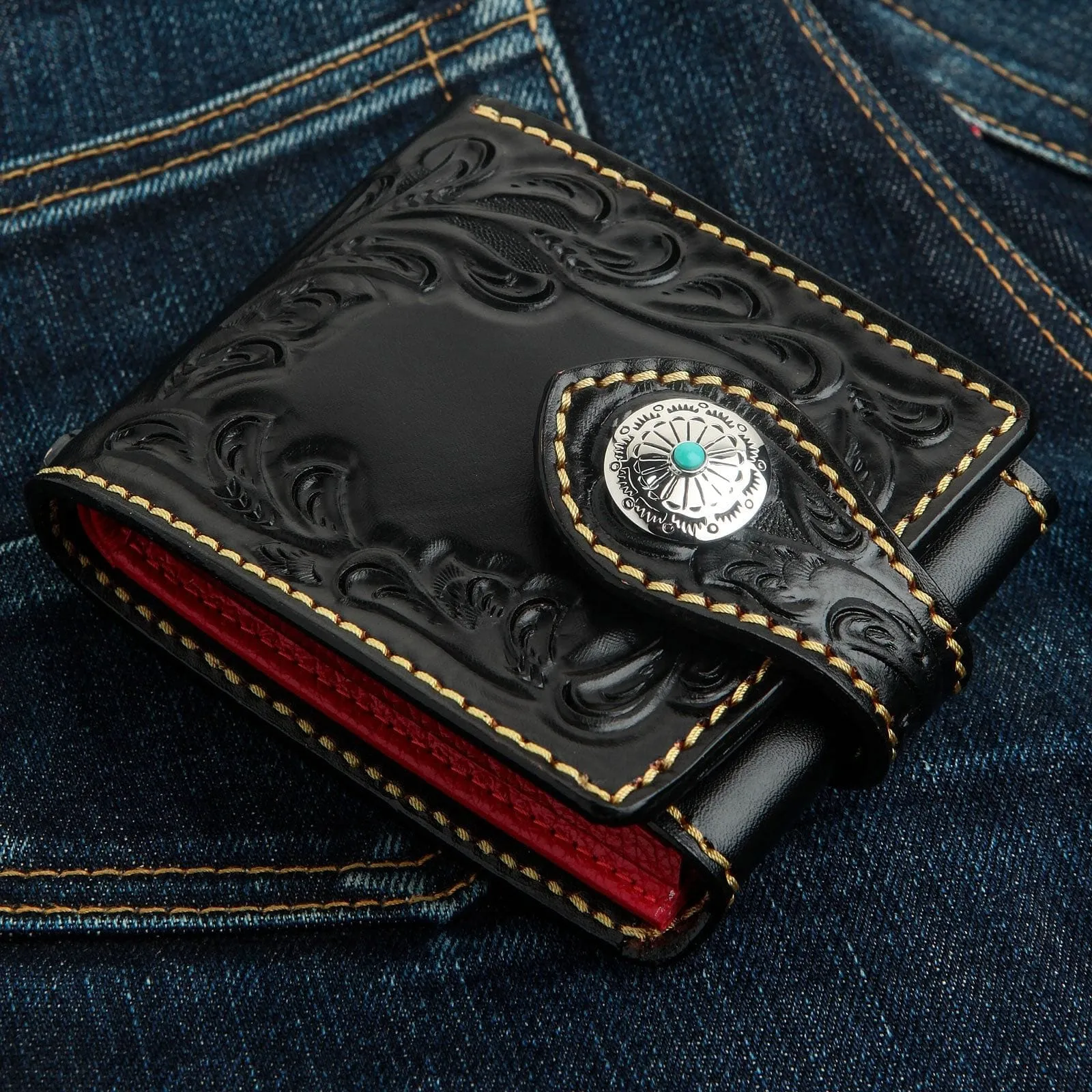 Genuine Floral Carved Leather Indian Biker Wallet