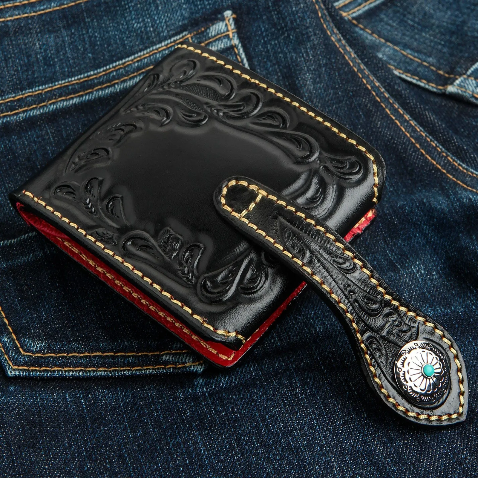 Genuine Floral Carved Leather Indian Biker Wallet
