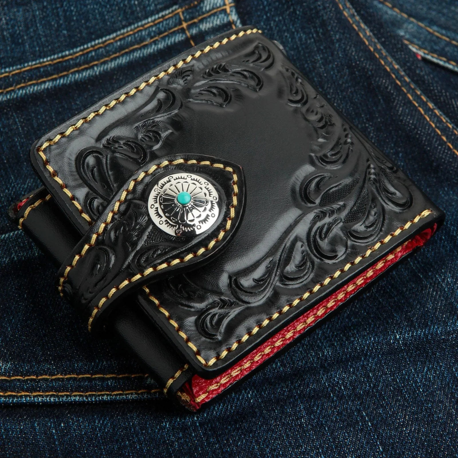 Genuine Floral Carved Leather Indian Biker Wallet