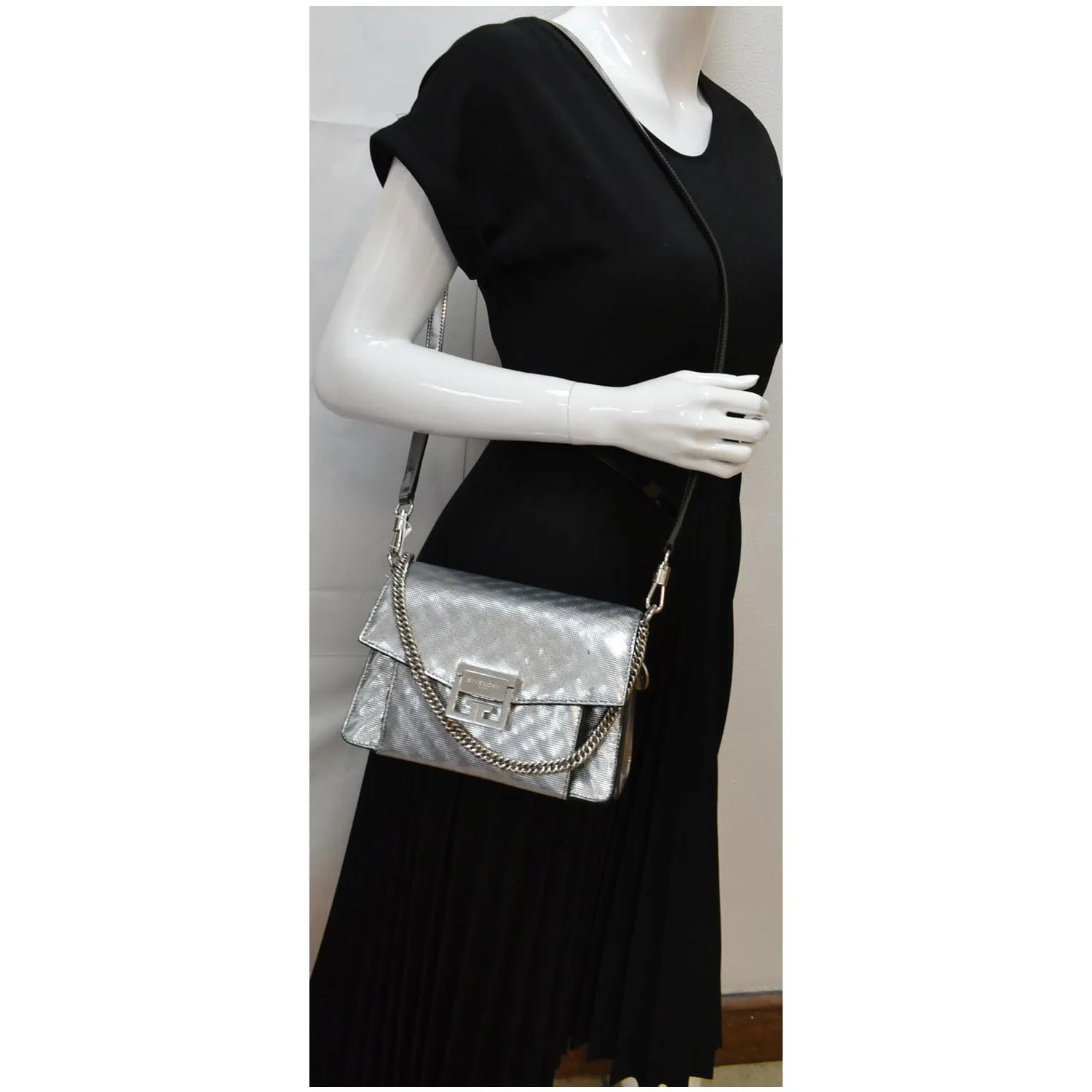 Givenchy Small Gv3 Calfskin Leather Crossbody Bag Metallic Silver