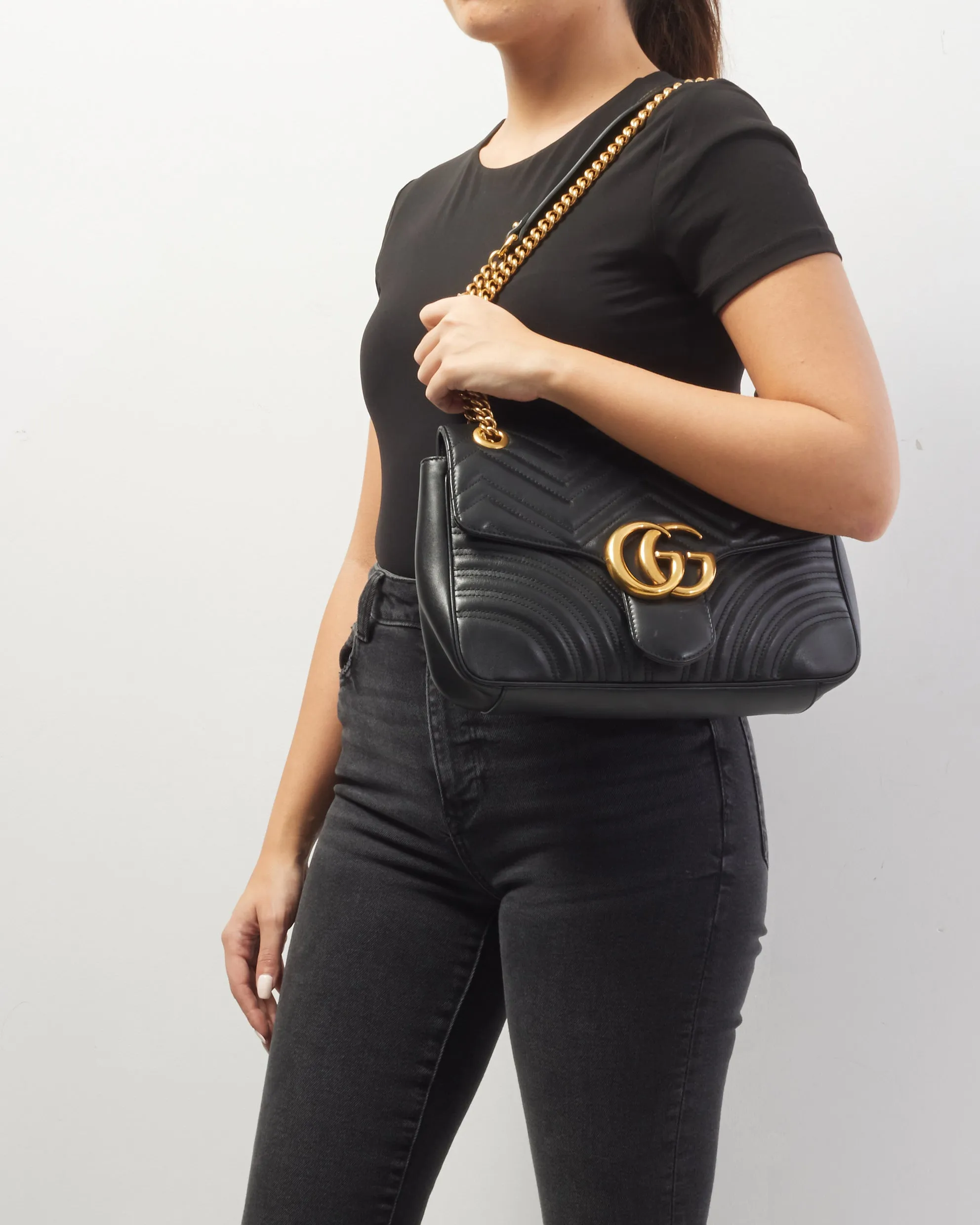 Gucci Black Matelassé Leather Medium GG Marmont Flap Bag