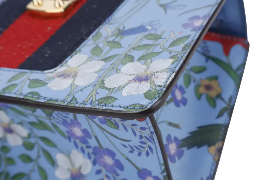 GUCCI FLORAL PRINT BAG MINI BLUE LEATHER GOLD HARDWARE NO DUST COVER