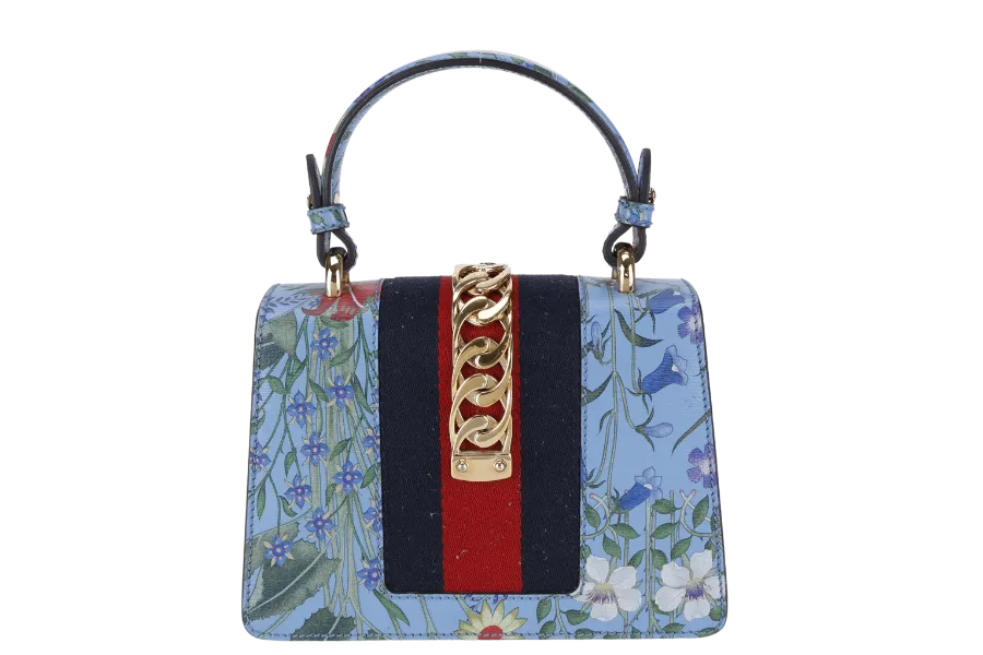 GUCCI FLORAL PRINT BAG MINI BLUE LEATHER GOLD HARDWARE NO DUST COVER
