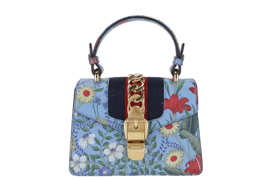 GUCCI FLORAL PRINT BAG MINI BLUE LEATHER GOLD HARDWARE NO DUST COVER